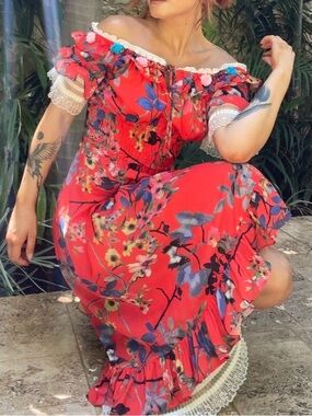 L'ATISTE Red Floral Off-Shoulder Midi Dress with Lace Trim